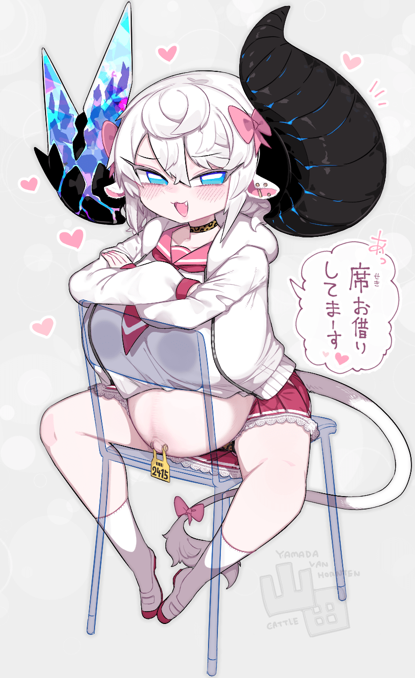 1girl, animal_ears, asymmetrical_horns, big_belly, black_horns, blue_eyes, breasts, broken_horn