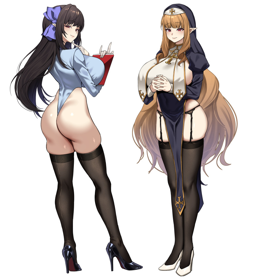 2girls, absurdres, ass, black_hair, black_shoes, black_thighhighs, blonde_hair, blunt_bangs