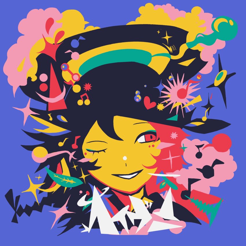 1girl, abstract, aqua_eyeliner, bakui, black_hair, black_hat, colored_skin, cropped_torso