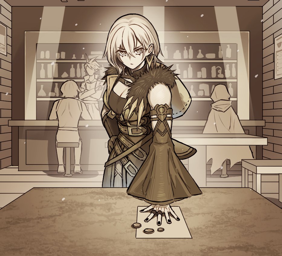 1girl, bar_(place), black_nails, bottle, breasts, chest_harness, claws, cleavage