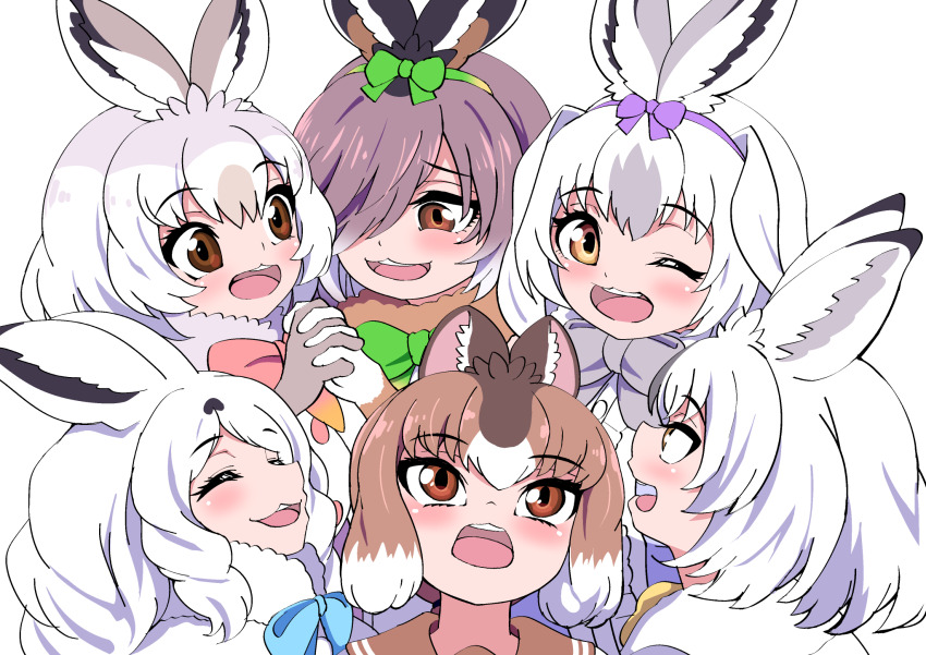 6+girls, :3, animal_ears, arctic_hare_(kemono_friends), blue_bow, blue_bowtie, blush, bow