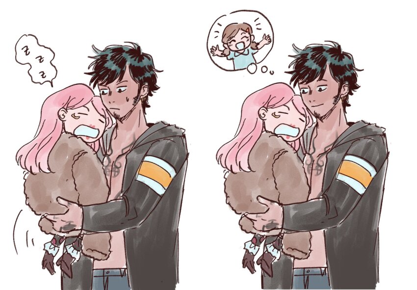 anti-eyebrow_piercing, avaxxah, black_coat, black_hair, brown_coat, carrying, carrying_person, closed_eyes, coat, commentary, english_commentary, face_piercing, hand_tattoo, highres, hood, hooded_coat, jewelry_bonney, long_hair, notice_lines, one_piece, piercing, pink_hair, short_hair, sleeping, smile, speech_bubble, sweatdrop, tattoo, thought_bubble, trafalgar_lami, trafalgar_law