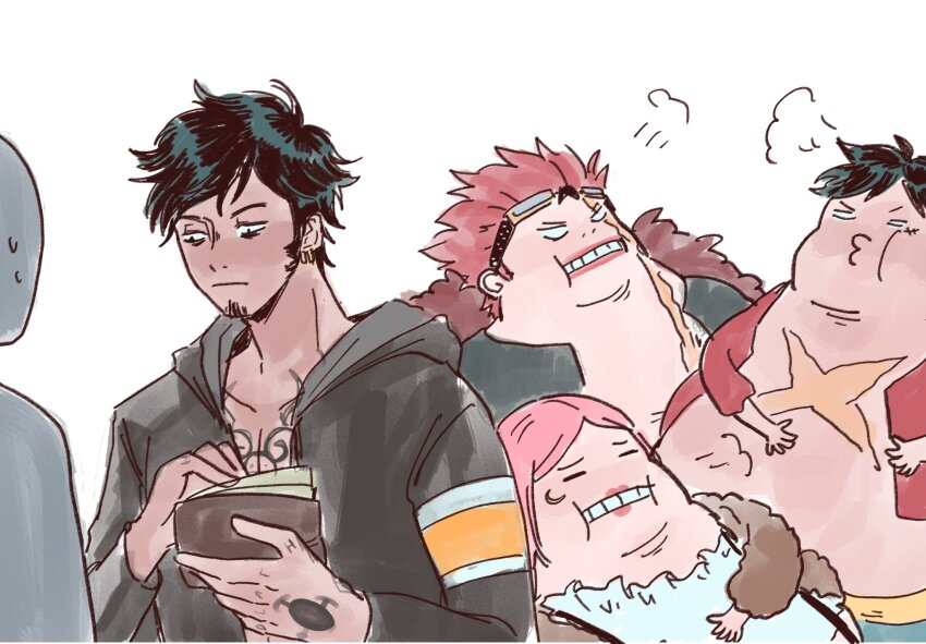 1girl, 3boys, avaxxah, black_hair, commentary, eating, english_commentary, eustass_kid