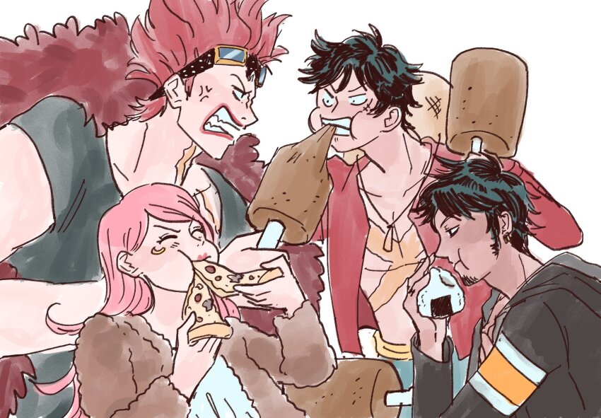 1girl, 3boys, ^_^, anger_vein, avaxxah, black_hair, closed_eyes, commentary