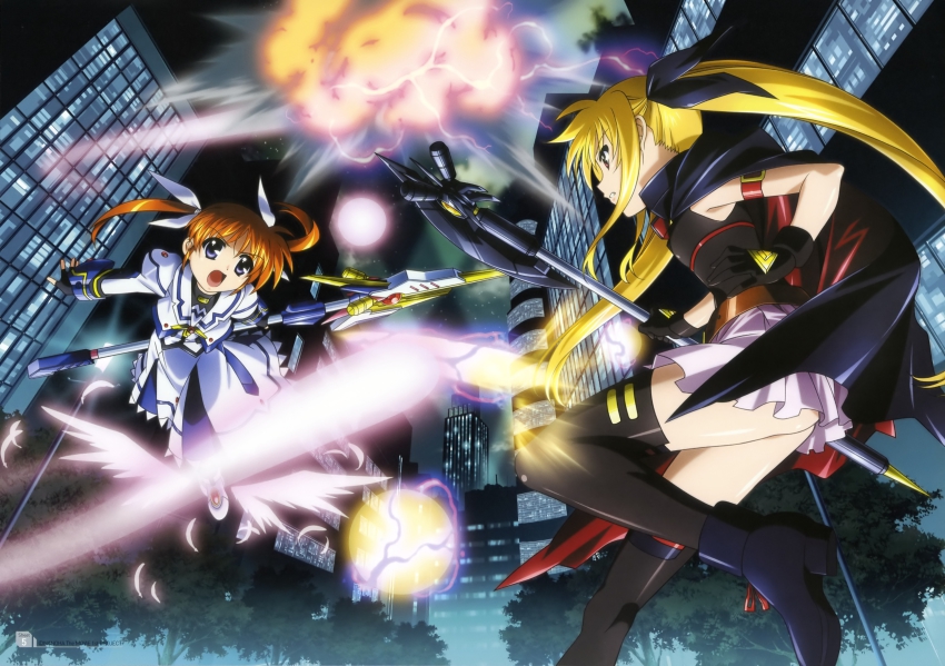 10s, 2girls, absurdres, bardiche_(axe_form)_(nanoha), bardiche_(nanoha), battle, black_legwear, blue_eyes