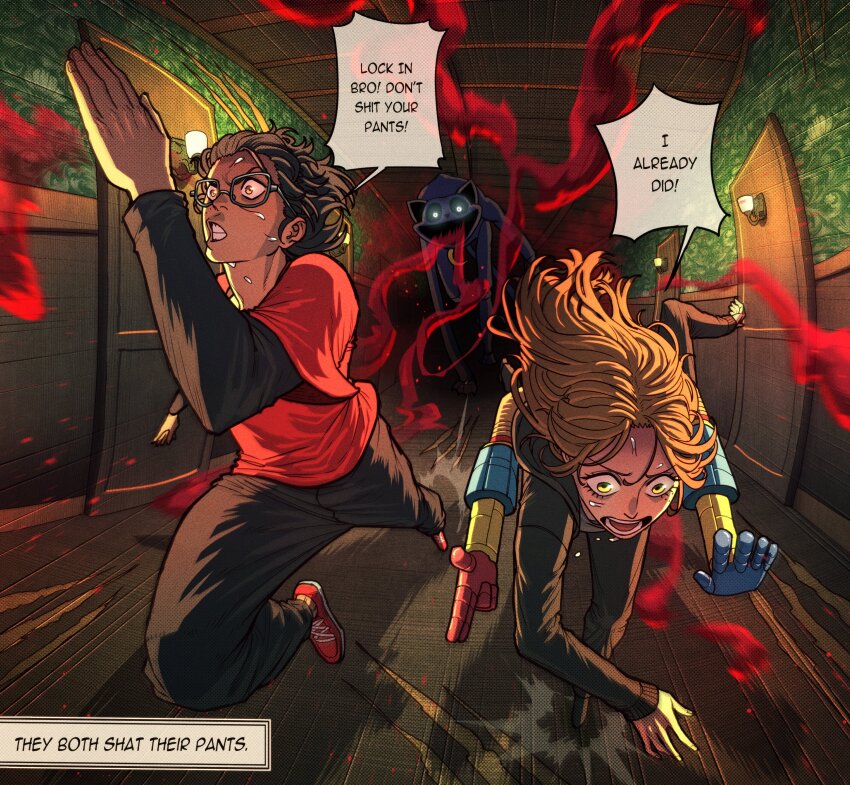 1boy, 1girl, absurdres, brown_eyes, brown_hair, brown_hoodie, brown_pants, catnap_(poppy_playtime), chasing, colored_smoke, commentary, english_commentary, english_text, fleeing, glasses, glowing, glowing_eyes, grabpack_(poppy_playtime), hallway, highres, hood, hood_down, hoodie, horror_(theme), indoors, long_sleeves, monster, motion_lines, open_clothes, open_hoodie, pants, poppy_playtime, red_shirt, running, shirt, smoke, speech_bubble, speed_lines, sweat, thirdphp, very_sweaty, wall_lamp, white_eyes, wide-eyed