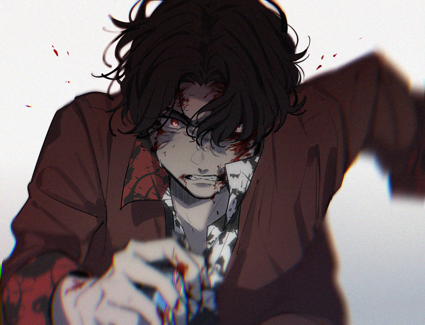 1boy, aam09212, bakuage_sentai_boonboomger, black_hair, blood, blood_on_face, hando_taiya, highres, jacket, male_focus, red_eyes, red_jacket, shirt, short_hair, simple_background, solo, super_sentai, upper_body, white_background, white_shirt