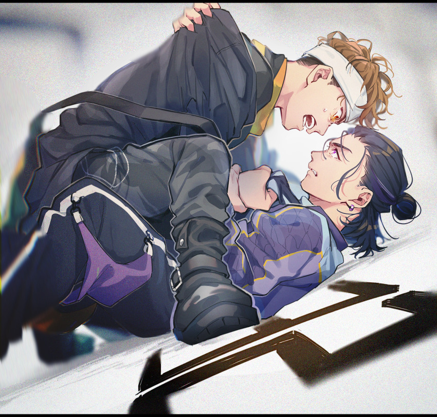 2boys, aam09212, arguing, bakuage_sentai_boonboomger, black_hair, black_jacket, brown_hair, bureki_genba, earrings, episode_number, hair_bun, highres, homura_sakito, jacket, jewelry, male_focus, medium_hair, multicolored_hair, multiple_boys, purple_hair, purple_jacket, short_hair, streaked_hair, super_sentai, two-tone_hair