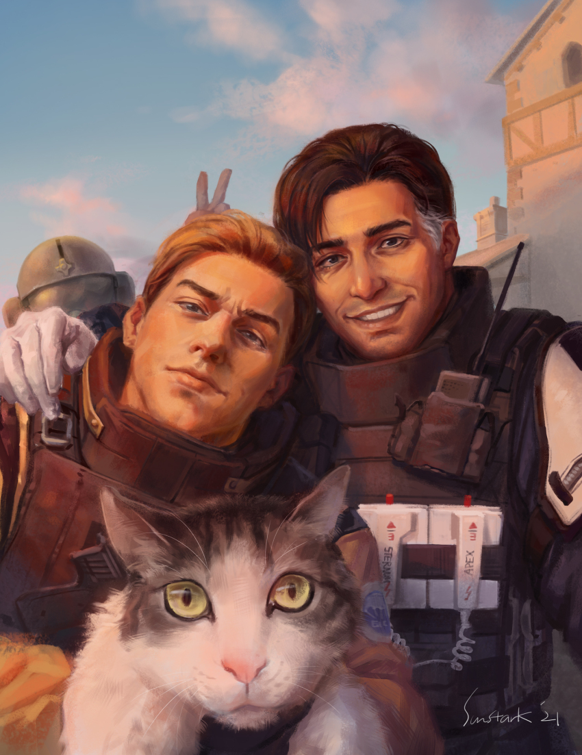 3boys, animal, artist_name, assault_visor, black_hair, black_helmet, blonde_hair, building