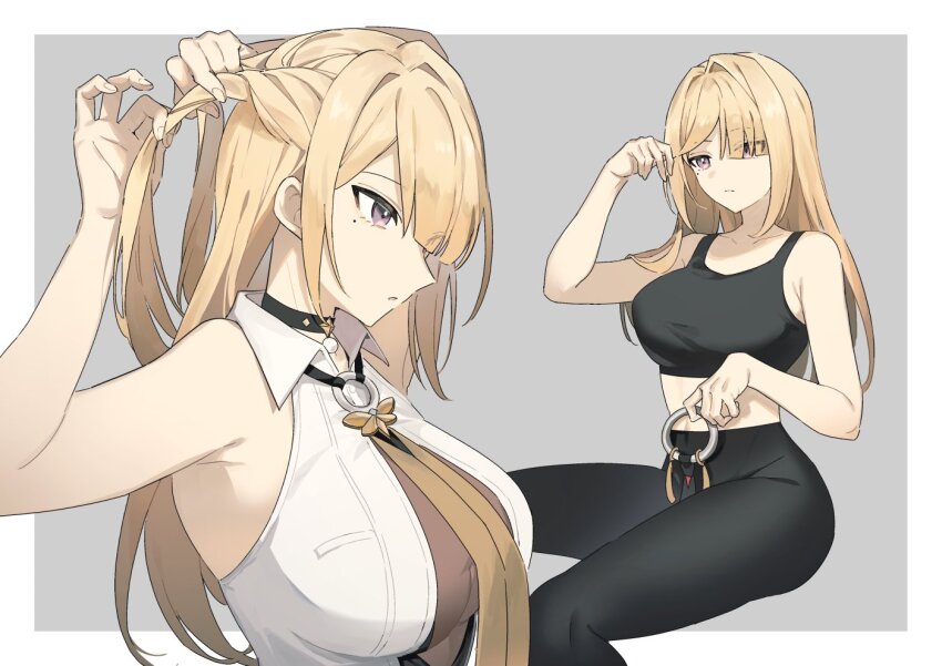 1girl, black_bra, black_pants, black_sports_bra, blonde_hair, bra, evelyn_chevalier, hair_down
