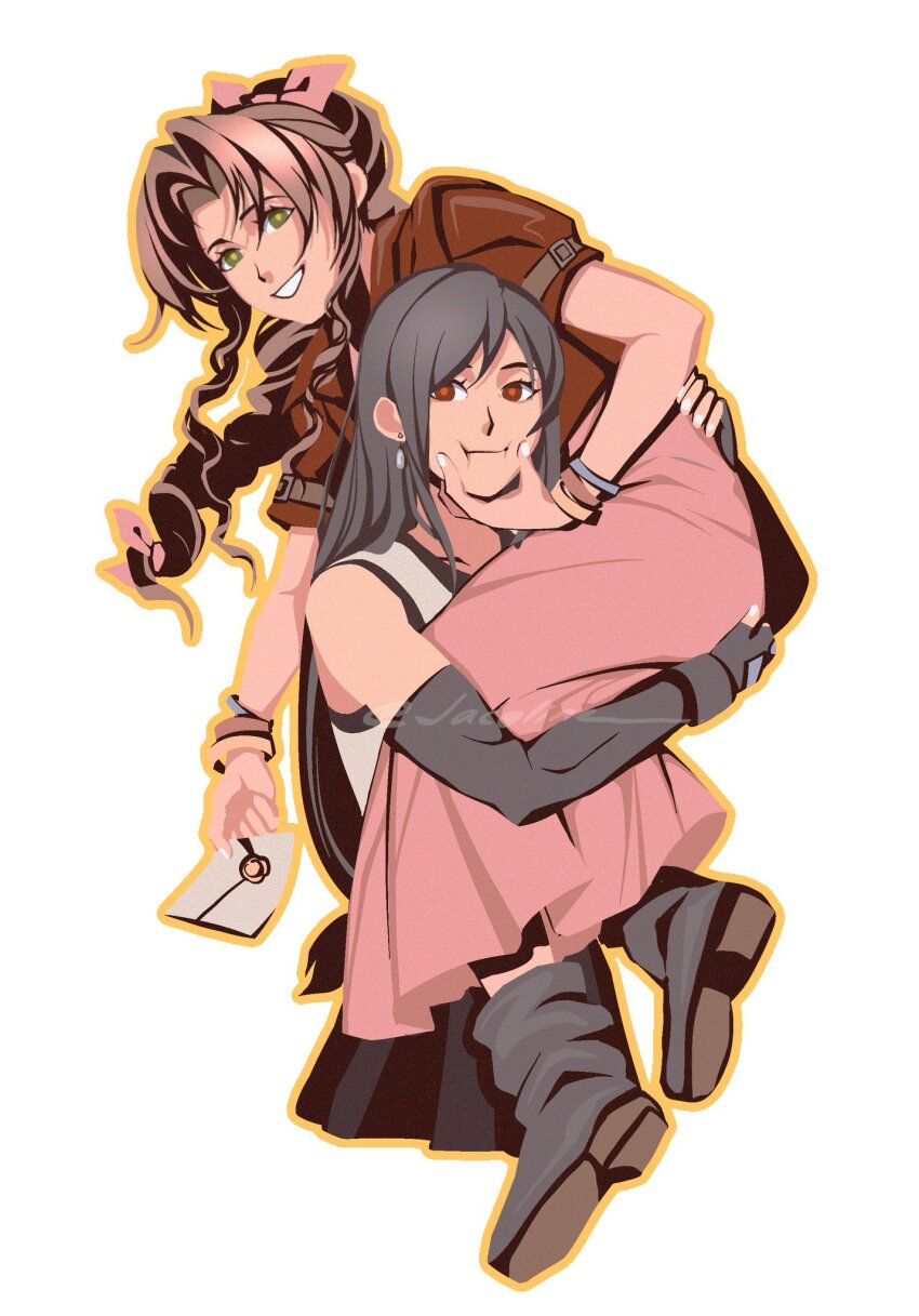 2girls, aerith_gainsborough, bangle, bare_shoulders, black_gloves, black_hair, black_skirt, boots, bracelet, braid, braided_ponytail, brown_hair, carrying, carrying_over_shoulder, carrying_person, closed_mouth, commentary, cropped_torso, dress, elbow_gloves, english_commentary, final_fantasy, final_fantasy_vii, final_fantasy_vii_remake, fingerless_gloves, full_body, gloves, green_eyes, hair_ribbon, hands_on_another's_cheeks, hands_on_another's_face, highres, holding, holding_letter, jacket, jacoline, jewelry, letter, long_hair, looking_at_viewer, multiple_girls, parted_lips, pink_dress, pink_ribbon, red_eyes, red_jacket, ribbon, skirt, smile, squeezing_cheeks, tank_top, tifa_lockhart, upper_body, valentine, white_background, white_tank_top