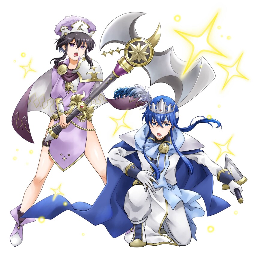 1boy, 1girl, armor, axe, black_hair, blue_cape, blue_hair, boots