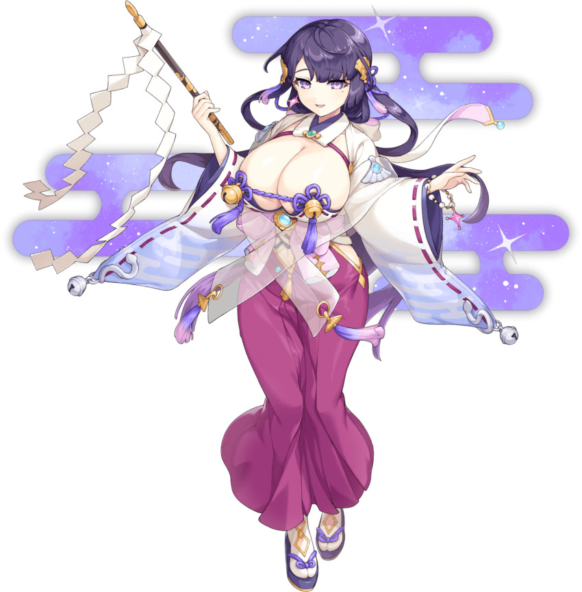 1girl, artist_request, bell, bracelet, breasts, cassiopeia_(legend_clover), clothing_cutout, earrings, four-pointed_star, full_body, game_cg, gohei, highres, holding, holding_gohei, japanese_clothes, jewelry, jingle_bell, large_breasts, legend_clover, mole, mole_under_eye, navel, navel_cutout, official_alternate_costume, official_art, open_mouth, purple_eyes, purple_hair, solo, star_(symbol), star_earrings, third-party_source, transparent_background