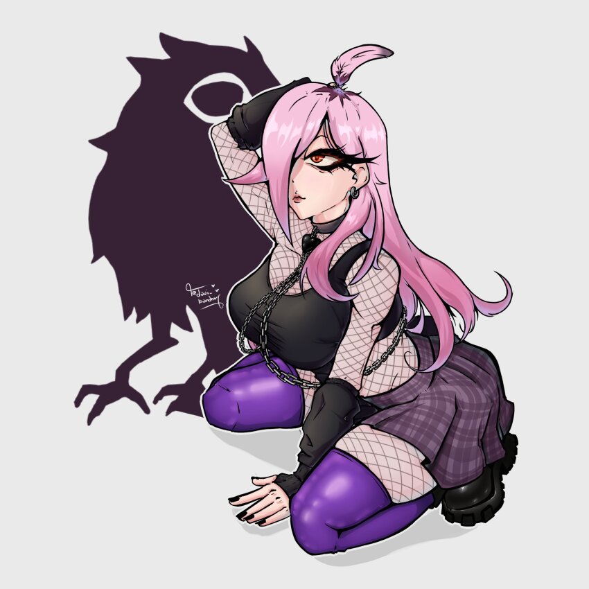 1girl, antenna_hair, artist_name, bags_under_eyes, between_legs, black_bodysuit, black_boots, black_nails, black_shirt, black_sleeves, bodystocking, bodysuit, boots, breasts, chain, closed_mouth, collar, cropped_shirt, davi-pandor, detached_sleeves, dot_nose, eyeliner, female_focus, fingernails, fishnet_bodystocking, fishnets, full_body, glowing, glowing_eyes, goth_fashion, grey_background, hair_over_one_eye, hand_between_legs, highres, indie_virtual_youtuber, large_breasts, leaning_forward, long_hair, looking_afar, makeup, midriff, nail_polish, nene_efthy, pink_hair, purple_skirt, purple_thighhighs, red_eyes, shadow, shirt, simple_background, single_strap, sitting, skirt, sleeveless, sleeveless_shirt, solo, thighhighs, thighs, virtual_youtuber
