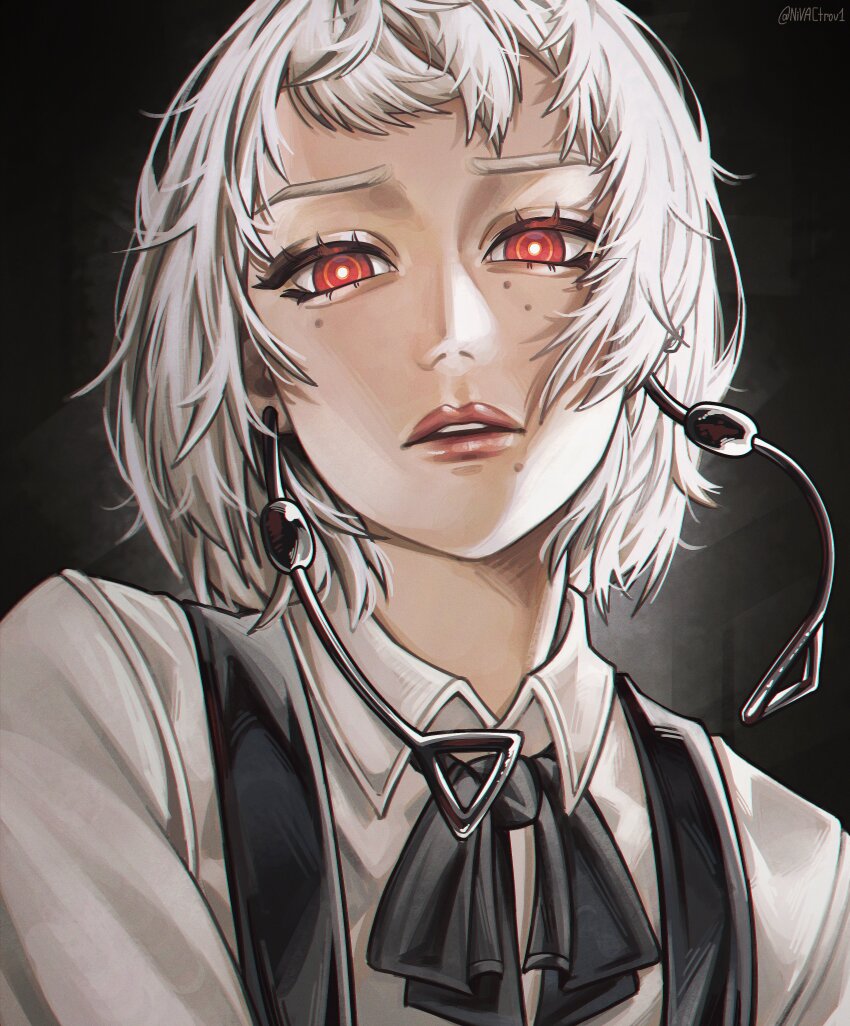 1girl, absurdres, black_background, black_dress, black_ribbon, chainsaw_man, dress, earrings