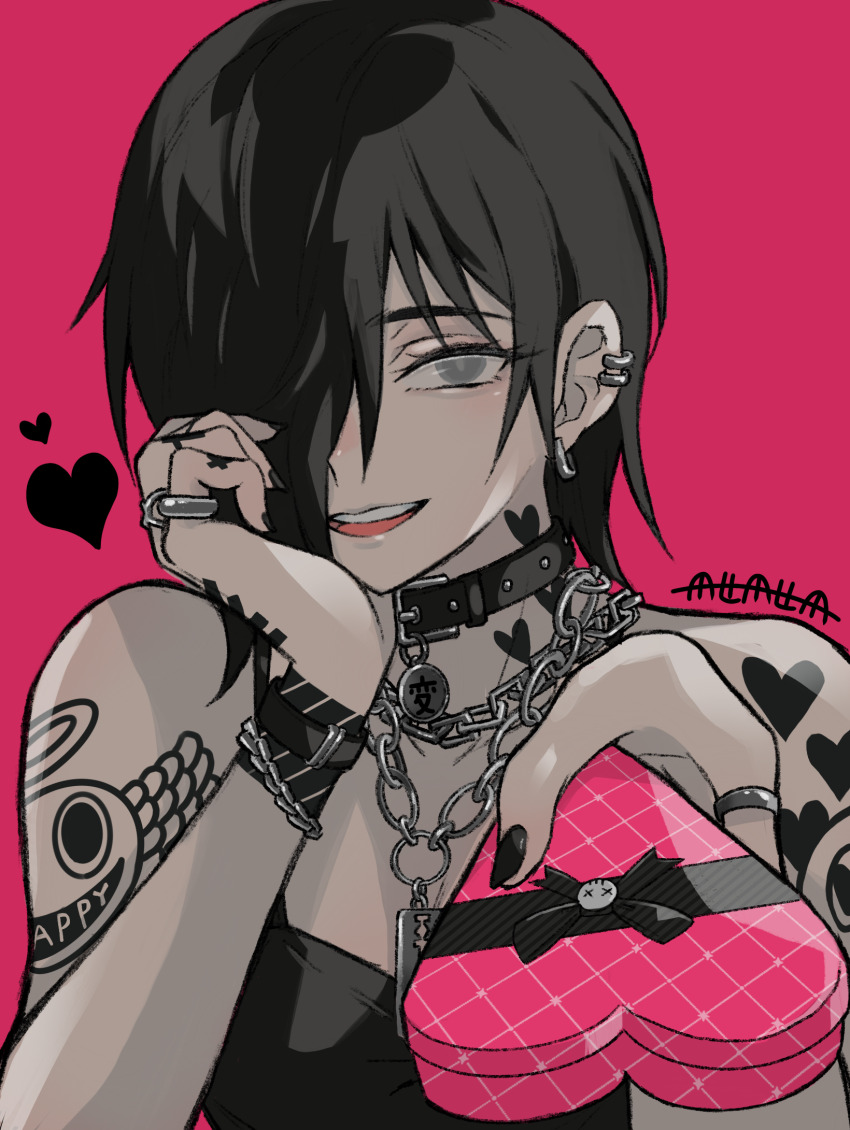 1girl, arm_support, arm_tattoo, bare_shoulders, belt_collar, black_hair, black_nails, black_tank_top