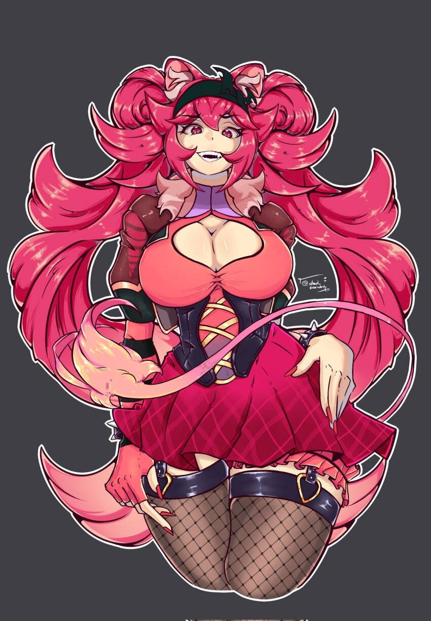 1girl, animal_ears, arms_at_sides, asymmetrical_gloves, black_background, black_gloves, black_hairband, black_jacket, black_thighhighs, bracelet, breasts, cleavage, cleavage_cutout, clothing_cutout, corset, cropped_jacket, davi-pandor, dot_nose, dress, elbow_gloves, eyebrows, eyelashes, fangs, feet_out_of_frame, female_focus, fingernails, fishnet_thighhighs, fishnets, gloves, gradient_clothes, gradient_dress, hairband, highres, indie_virtual_youtuber, jacket, jewelry, kneeling, large_breasts, lion_ears, lion_girl, lion_tail, long_fingernails, long_hair, looking_at_viewer, lunaria_ayaren, matching_hair/eyes, multicolored_jacket, nail_polish, open_clothes, open_jacket, open_mouth, orange_dress, orange_gloves, red_dress, red_eyes, red_hair, red_jacket, red_nails, simple_background, single_glove, smug, solo, spiked_bracelet, spikes, striped_clothes, striped_gloves, tail, teeth, thigh_strap, thighhighs, thighs, twintails, two-tone_dress, two-tone_gloves, two-tone_jacket, very_long_hair, virtual_youtuber