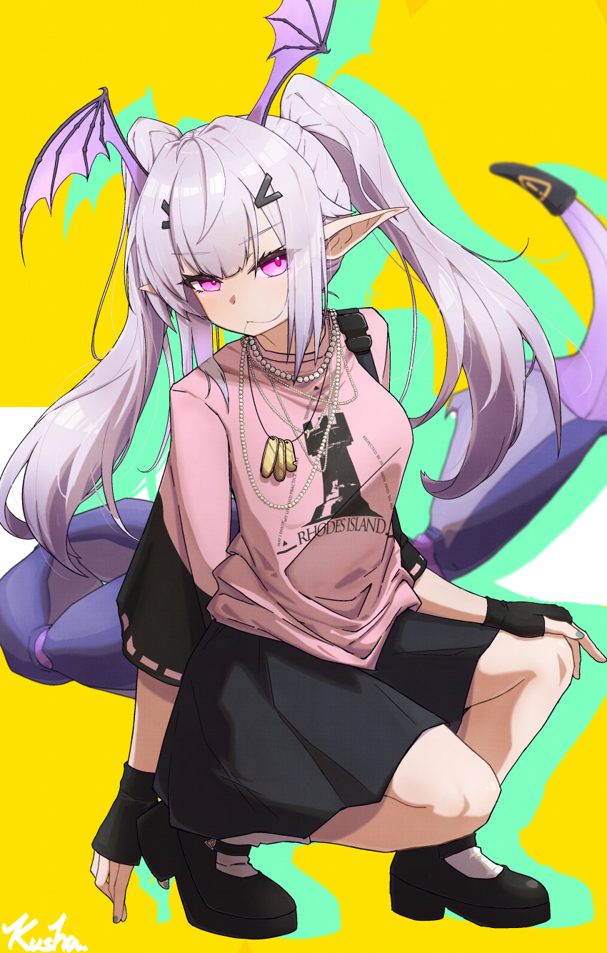 1girl, absurdres, arknights, artist_name, black_gloves, black_shoes, black_skirt, chinese_commentary