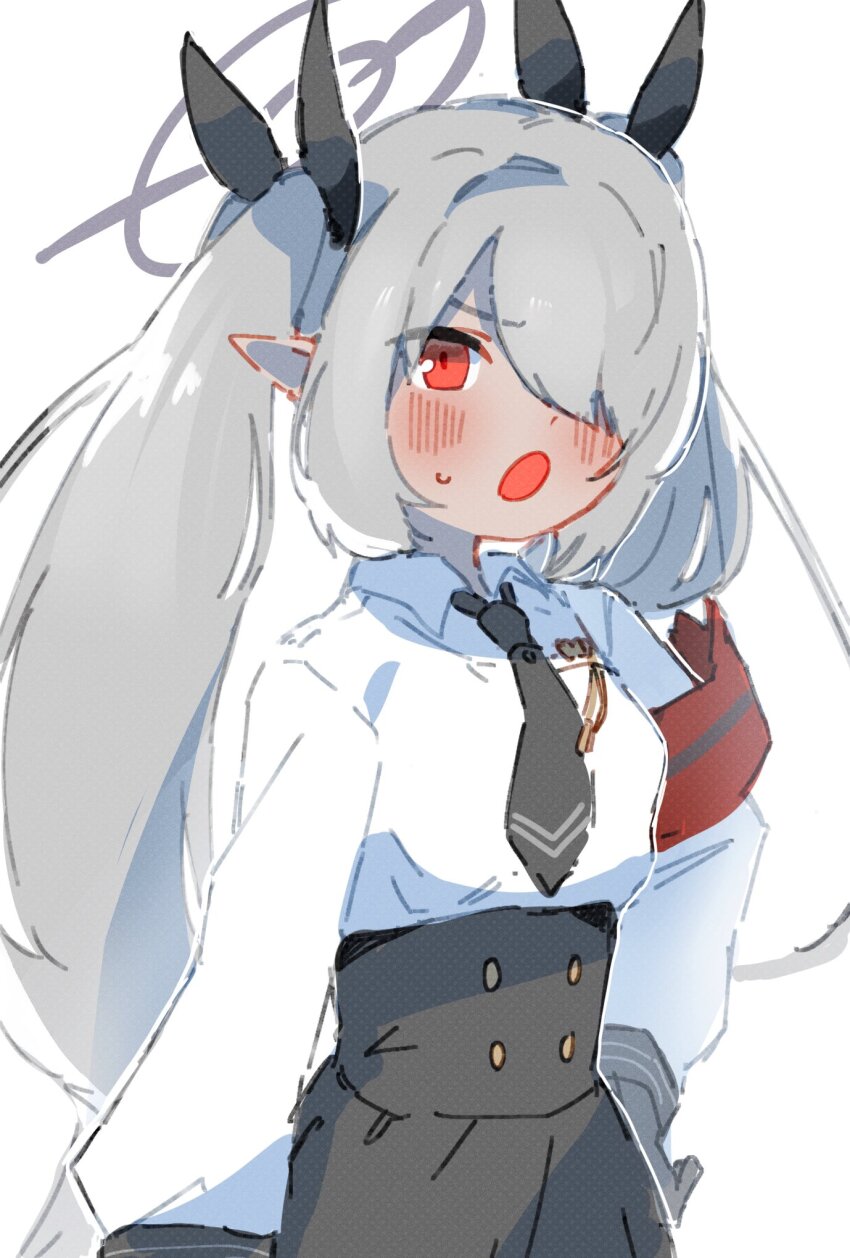 1girl, arm_at_side, armband, black_skirt, blue_archive, blush, bow, collared_shirt