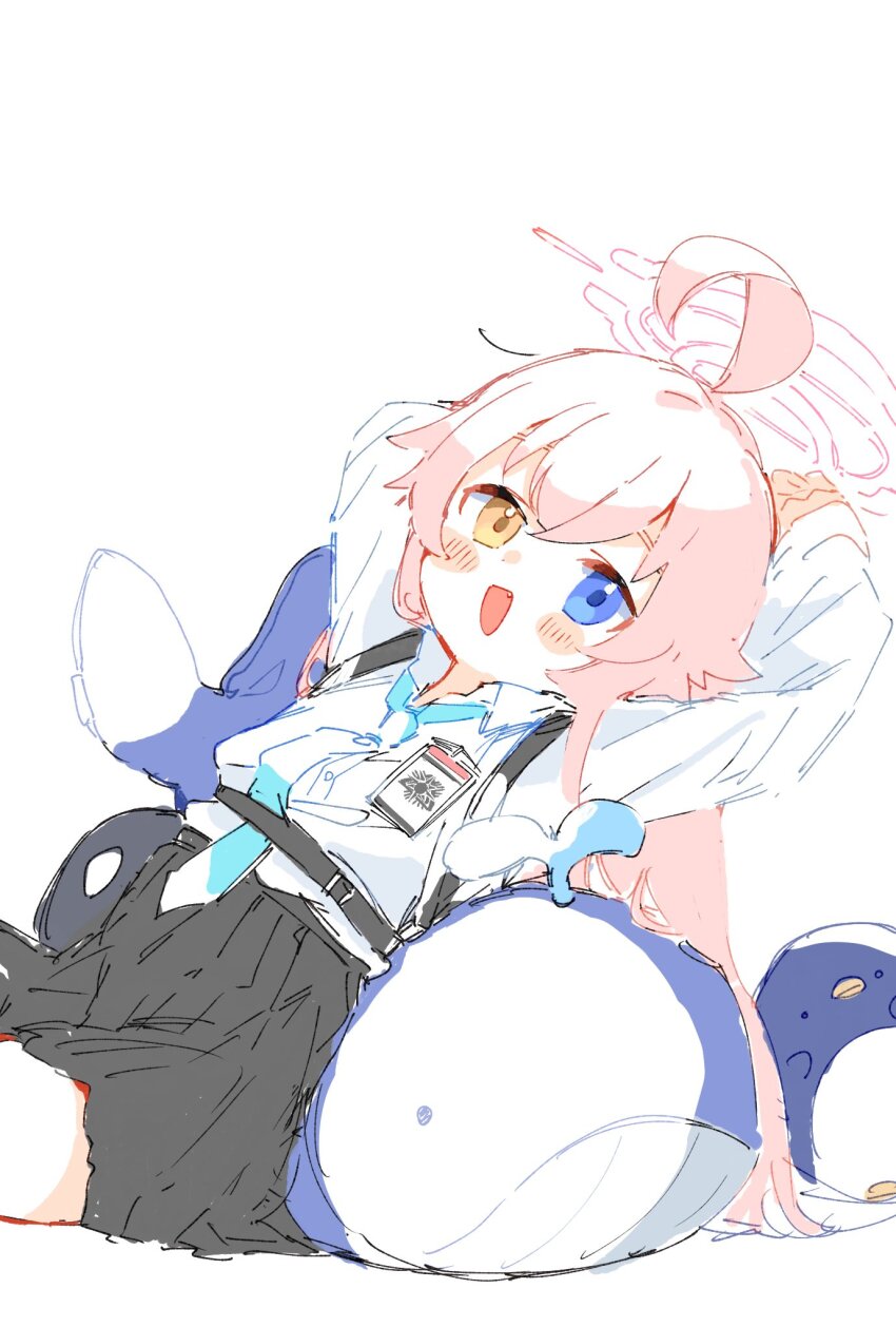 1girl, ahoge, arms_behind_head, belt, black_skirt, blue_archive, blush, blush_stickers