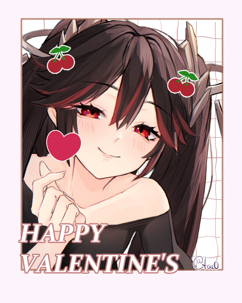 1girl, black_hair, cherry, food, fruit, hair_between_eyes, hair_ornament, happy_valentine