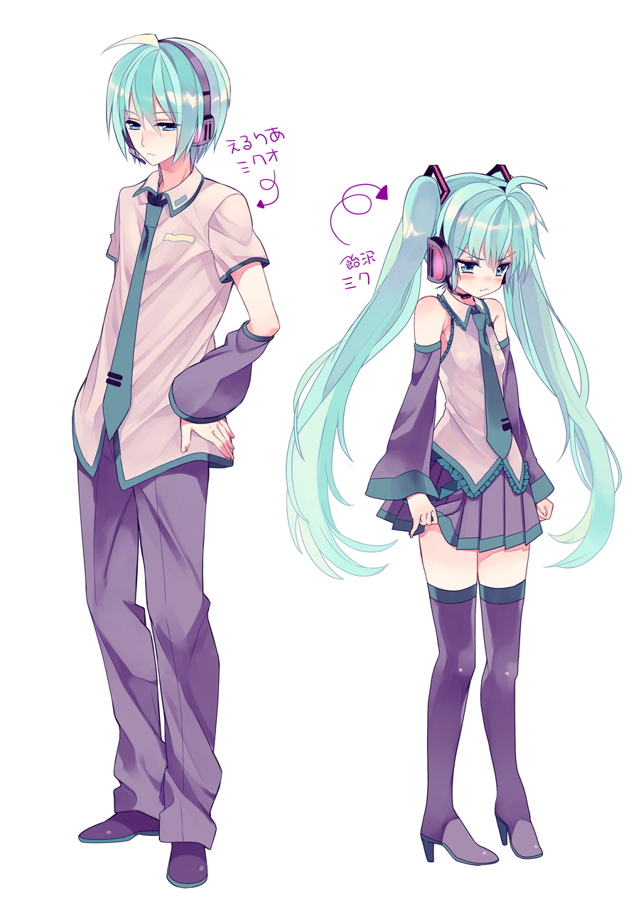 1boy, 1girl, :t, amezawa_koma, aqua_eyes, aqua_hair, artist_collaboration, blush, boots, detached_sleeves, dual_persona, eruria, genderswap, genderswap_(ftm), gloves, hair_ornament, hand_on_own_hip, hatsune_miku, hatsune_mikuo, headphones, headset, high_heels, highres, hip_focus, long_hair, necktie, shoes, short_hair, simple_background, skirt, thigh_boots, thighhighs, twintails, very_long_hair, vocaloid, zettai_ryouiki
