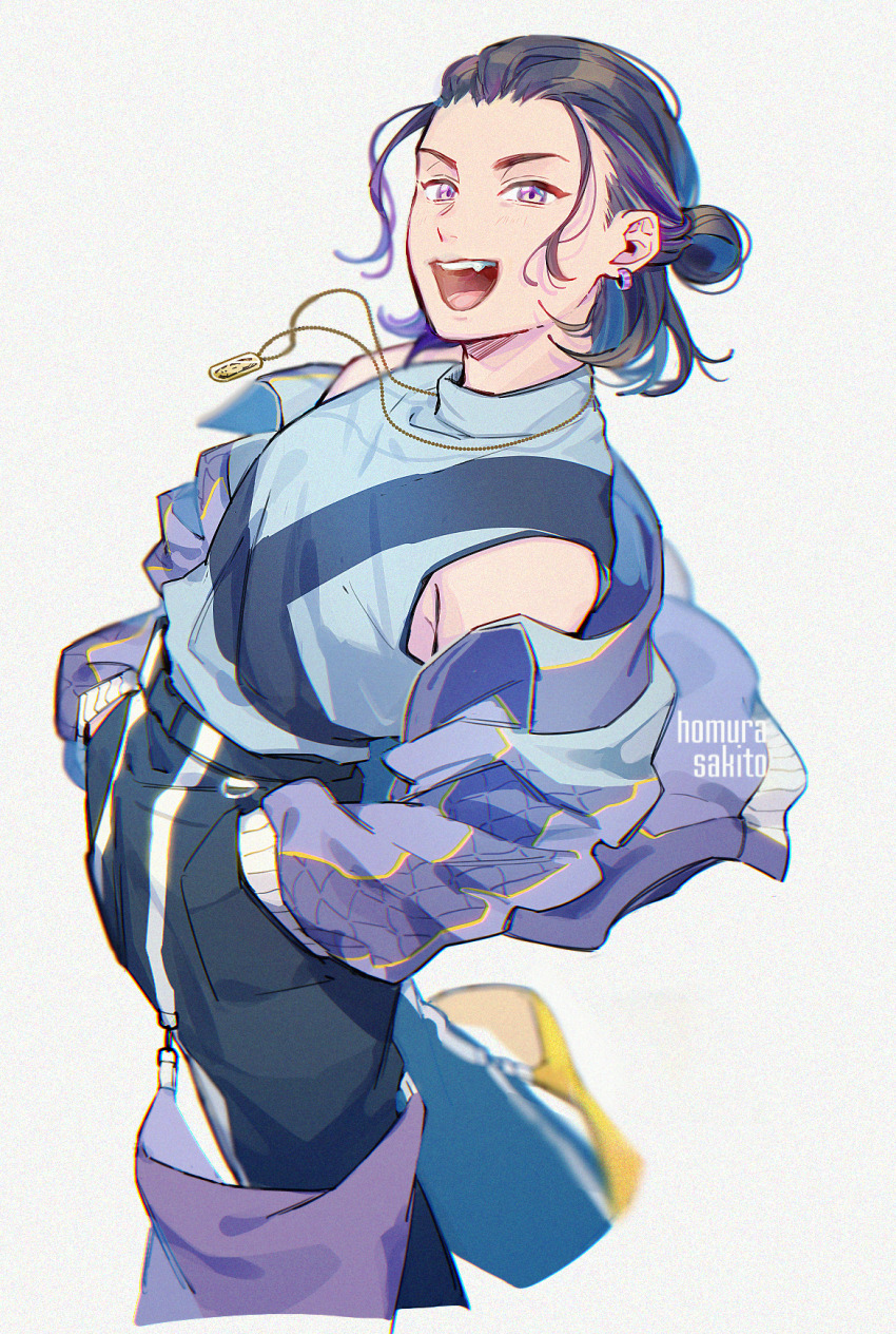 1boy, aam09212, bakuage_sentai_boonboomger, black_hair, black_pants, blue_shirt, cowboy_shot, earrings