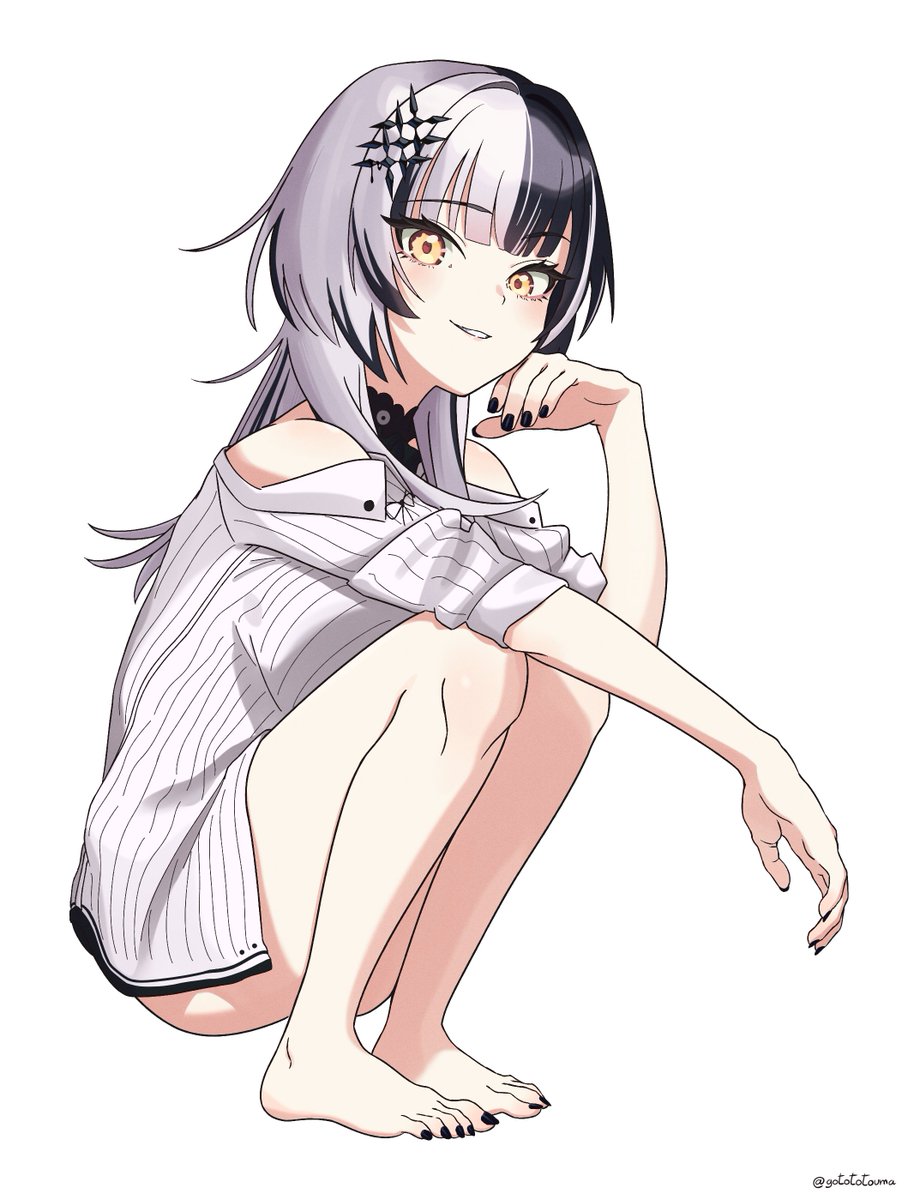 1girl, barefoot, black_choker, black_hair, black_nails, choker, commentary, dress_shirt