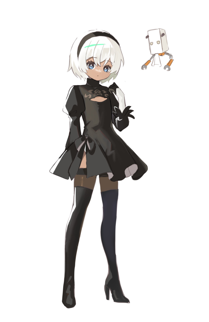 1boy, 2b_(nier:automata), 2b_(nier:automata)_(cosplay), androgynous, black_boots, black_dress, black_hairband, black_thighhighs, blue_eyes, boots, bright_pupils, closed_mouth, commentary_request, cosplay, crossdressing, crossdressing_(mtf), dress, eyelashes, floating, full_body, hairband, high_heel_boots, high_heels, highres, looking_at_viewer, male_focus, metaphor:_refantazio, nier:automata, nier_(series), non-humanoid_robot, pkin_cheezpie, pod_(nier:automata), protagonist_(metaphor:_refantazio), robot, simple_background, solo, standing, thigh_boots, thighhighs, trap, white_background, white_hair, white_pupils