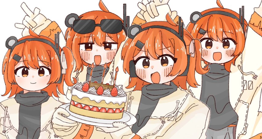 4girls, a.i._voice, adachi_rei, birthday_cake, black_shirt, blush, cake, candle