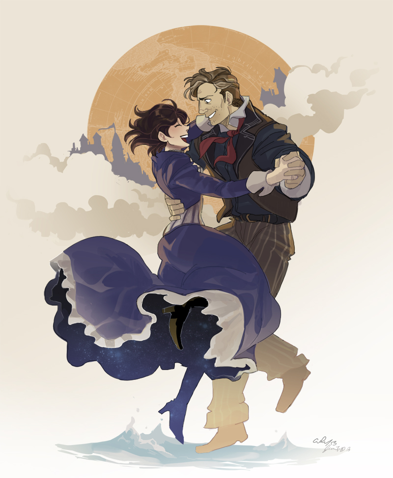 1boy, 1girl, :d, artist_name, belt, bioshock, bioshock_(series), bioshock_infinite