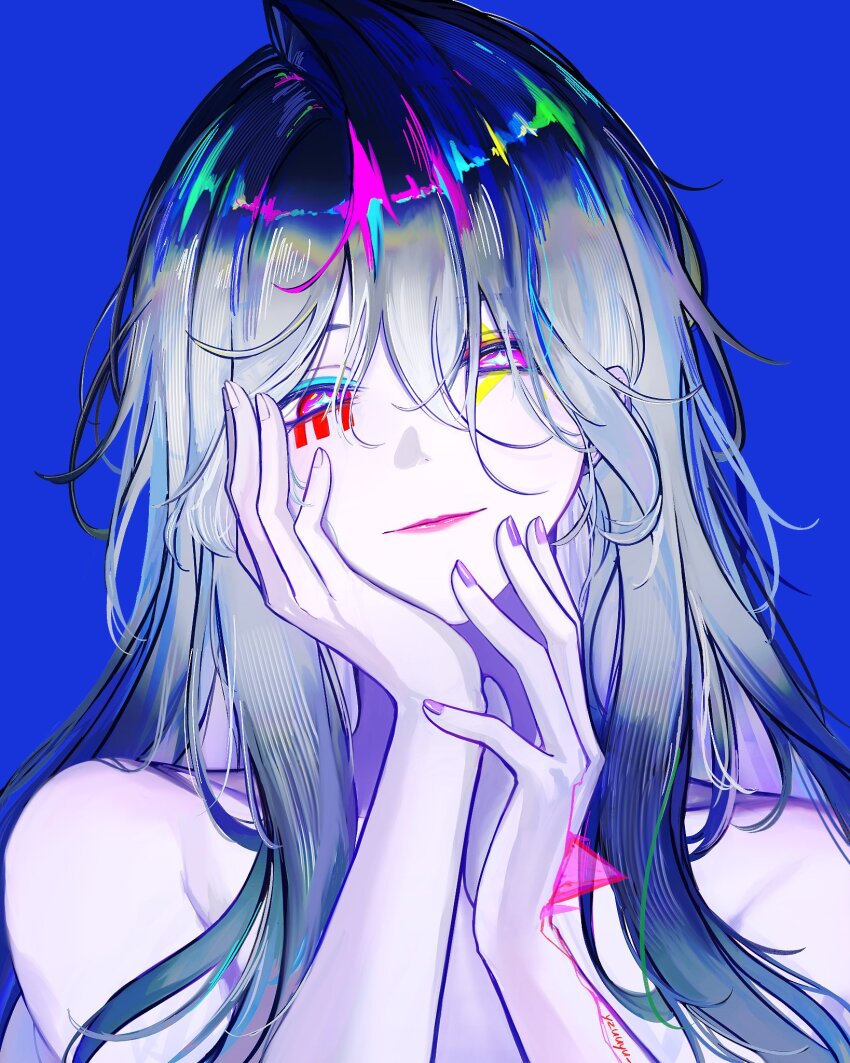 000_(path_to_nowhere), 1girl, blue_background, blue_hair, collarbone, commentary, facial_mark, gradient_hair