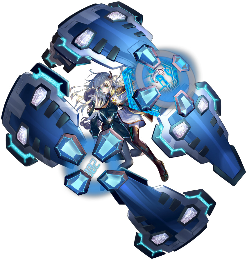 2girls, anonymous_(yu-gi-oh!), black_necktie, black_thighhighs, blonde_hair, dress, duel_monster, game_cg, gloves, green_eyes, grey_hair, hair_ornament, highres, long_hair, military_uniform, multiple_girls, necktie, official_art, pantyhose, shield, sidelocks, sky_striker_ace_-_raye, sky_striker_ace_-_roze, sky_striker_ace_-_shizuku, thighhighs, third-party_source, torn_clothes, torn_pantyhose, two-tone_dress, unconscious, yu-gi-oh!, yu-gi-oh!_master_duel