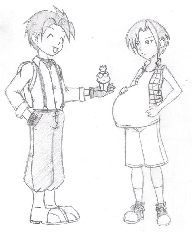 1boy, 1girl, bad_id, button_up_skirt, farmer, fertility_symbol, greyscale, hands_on_own_stomach, harvest_moon, harvest_moon:_a_wonderful_life, monochrome, nami_(harvest_moon), plaid_clothes, pregnant, shirt, shoes, shorts, sivomaniacal, smile, sneakers, spiked_hair, statue, t-shirt, tomboy