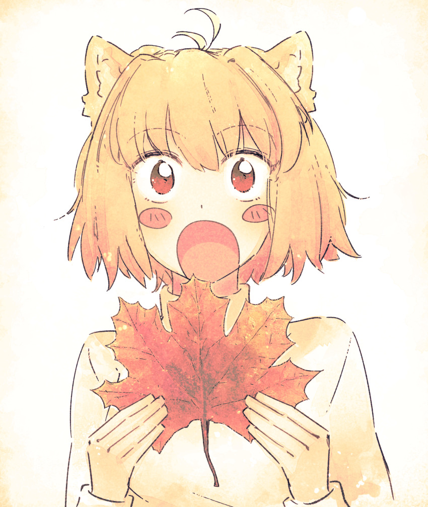 1girl, :o, ahoge, animal_ears, arcueid_brunestud, blonde_hair, blush, blush_stickers