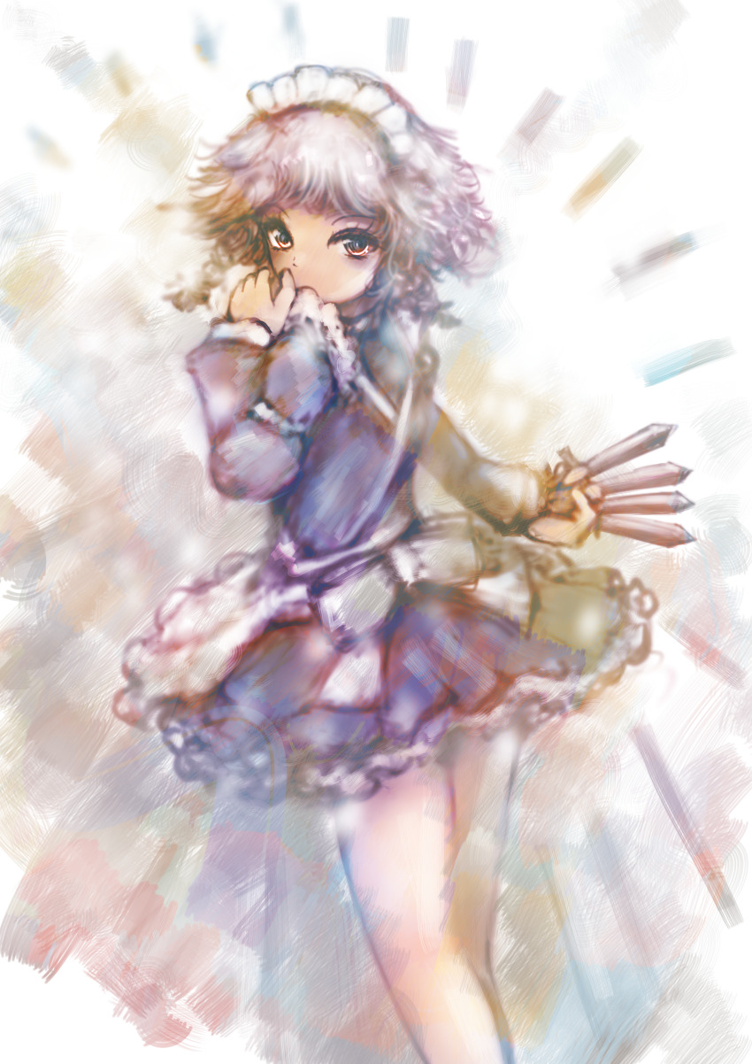 1girl, absurdres, apron, asakazu, bare_legs, between_fingers, blue_skirt, blue_vest