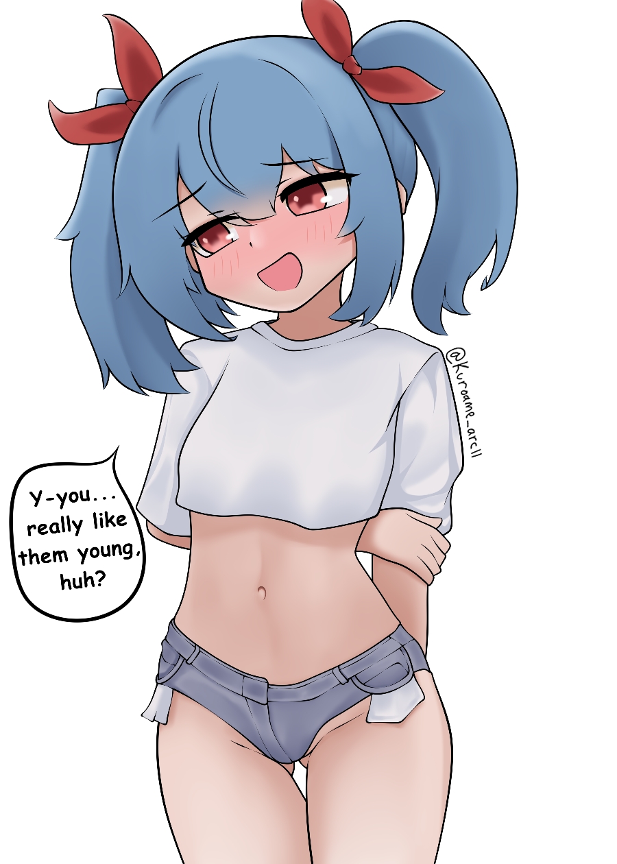 1girl, :d, arms_behind_back, blue_hair, blue_shorts, blush, breasts, colphne_(girls'_frontline_2), cropped_shirt, embarrassed, english_text, girls'_frontline, girls'_frontline_2:_exilium, groin, hair_between_eyes, highres, hip_focus, hand_on_own_arm, loli, looking_down, medium_hair, micro_shorts, midriff, navel, nervous, open_mouth, red_eyes, shirt, shorts, small_breasts, smile, solo, stomach, thigh_gap, thighs, twintails, twitter_cutting_game, twitter_strip_game, white_shirt, yuga_pratama