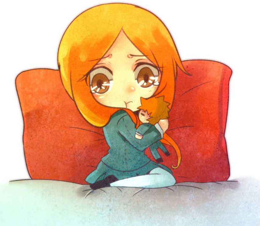 1girl, bed, bed_sheet, bleach, brown_eyes, doll, highres, inoue_orihime