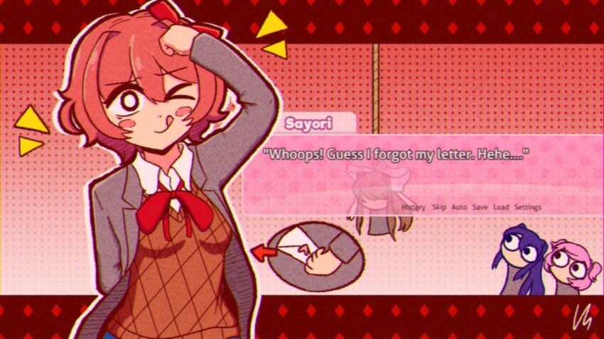 4girls, :q, arm_behind_back, artist_name, black_eyes, blazer, blue_skirt, blush, blush_stickers, bob_cut, border, bow, bowtie, breasts, bright_pupils, brown_hair, brown_sweater_vest, character_name, chibi, clenched_hand, commentary, diamond_(shape), doki_doki_literature_club, doki_doki_literature_club_school_uniform, dress_shirt, english_commentary, english_text, film_grain, filthyhector, furrowed_brow, gameplay_mechanics, gradient_background, grey_jacket, hair_between_eyes, hair_bow, hair_intakes, hair_ribbon, hand_on_own_head, hanged, heart_seal, hiding, hitting, holding, holding_letter, implied_death, initial, jacket, letter, long_hair, long_sleeves, looking_at_another, looking_up, love_letter, medium_breasts, monika_(doki_doki_literature_club), multiple_girls, natsuki_(doki_doki_literature_club), noose, notice_lines, one_eye_closed, open_clothes, open_jacket, pink_hair, ponytail, purple_hair, red_background, red_border, red_bow, red_bowtie, red_hair, red_ribbon, ribbon, sayori_(doki_doki_literature_club), school_uniform, shirt, short_hair, sidelocks, signature, skirt, solo_focus, standing, surprised, sweater_vest, swept_bangs, tongue, tongue_out, two_side_up, upper_body, valentine, very_long_hair, white_background, white_bow, white_pupils, white_ribbon, white_shirt, wide-eyed, yuri_(doki_doki_literature_club)