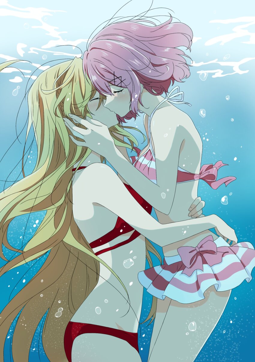 2girls, absurdres, air_bubble, amaori_renako, bikini, blonde_hair, breasts, bubble, closed_eyes, hair_ornament, hairclip, halterneck, hands_on_another's_cheeks, hands_on_another's_face, highres, hug, kiss, long_hair, medium_breasts, multiple_girls, ouzuka_mai, pink_hair, red_bikini, seizayukio, swimsuit, underwater, very_long_hair, watashi_ga_koibito_ni_nareru_wake_naijan_murimuri!, yuri