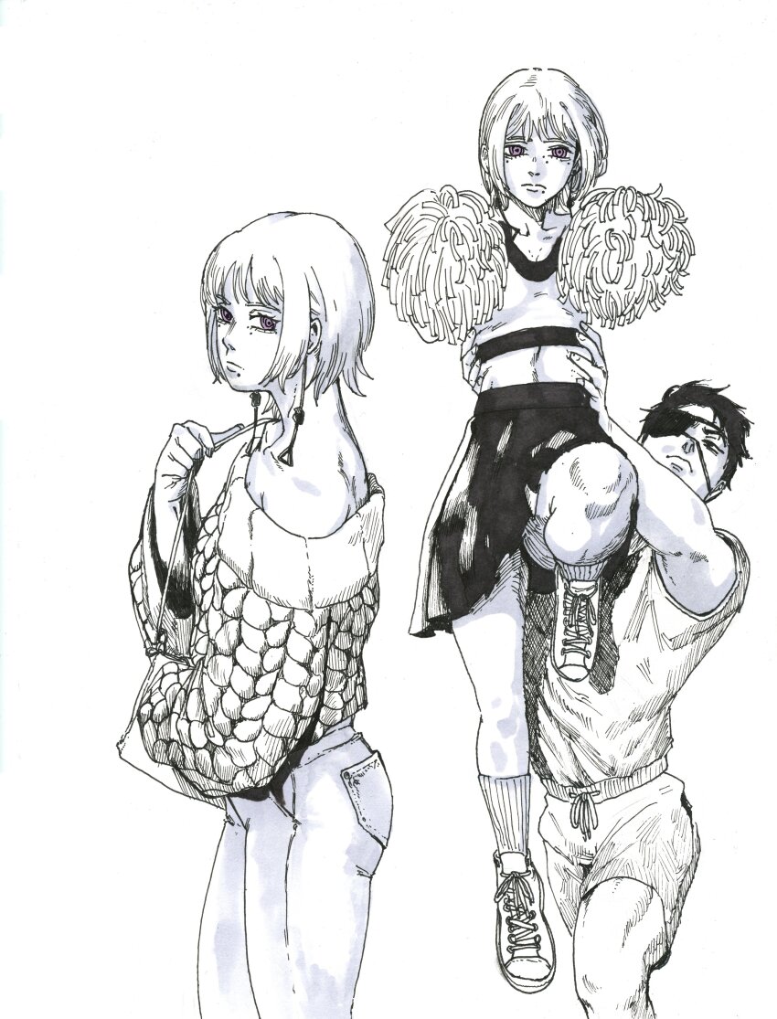 1boy, 1girl, absurdres, akoku_seigi, alternate_costume, bare_shoulders, chainsaw_man, cheerleader