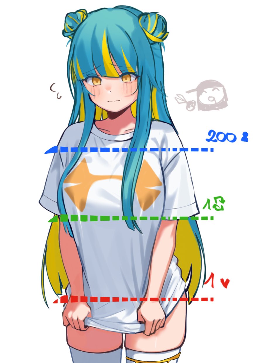 1girl, ^_^, ^q^, blonde_hair, blue_hair, blush, breasts, closed_eyes, closed_mouth, clothes_pull, commentary, double_bun, english_commentary, feng_yi_(synthesizer_v), flying_sweatdrops, hair_bun, highres, large_breasts, like_and_retweet, long_hair, multicolored_hair, scissors, shirt_pull, simple_background, skindentation, streaked_hair, synthesizer_v, thighhighs, thighs, tsui55, twitter_cutting_game, twitter_strip_game, wavy_mouth, white_background, white_thighhighs, yellow_eyes, yi_xi_(synthesizer_v)