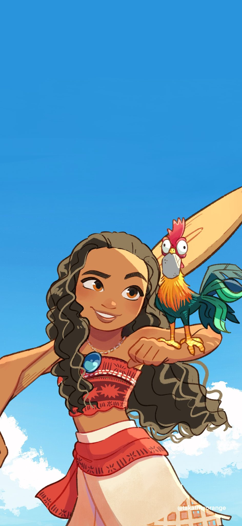 1girl, bare_shoulders, bird, brown_eyes, brown_hair, chicken, curly_hair, dark-skinned_female, dark_skin, flower, hair_flower, hair_ornament, heihei_(moana), highres, jewelry, long_hair, looking_at_viewer, midriff, moana_(movie), moana_waialiki, outdoors, smile, solo, strapless, takatmaorange, toon_(style), upper_body