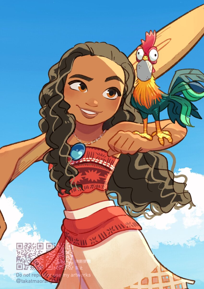 1girl, bare_shoulders, bird, brown_eyes, brown_hair, chicken, curly_hair, dark-skinned_female