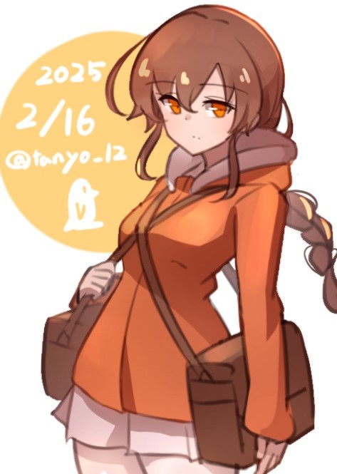 1girl, bag, bird, braid, brown_hair, commentary, dated, jacket
