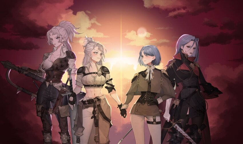 4girls, abs, absurdres, aged_up, aiguillette, belt, black_gloves, black_thighhighs