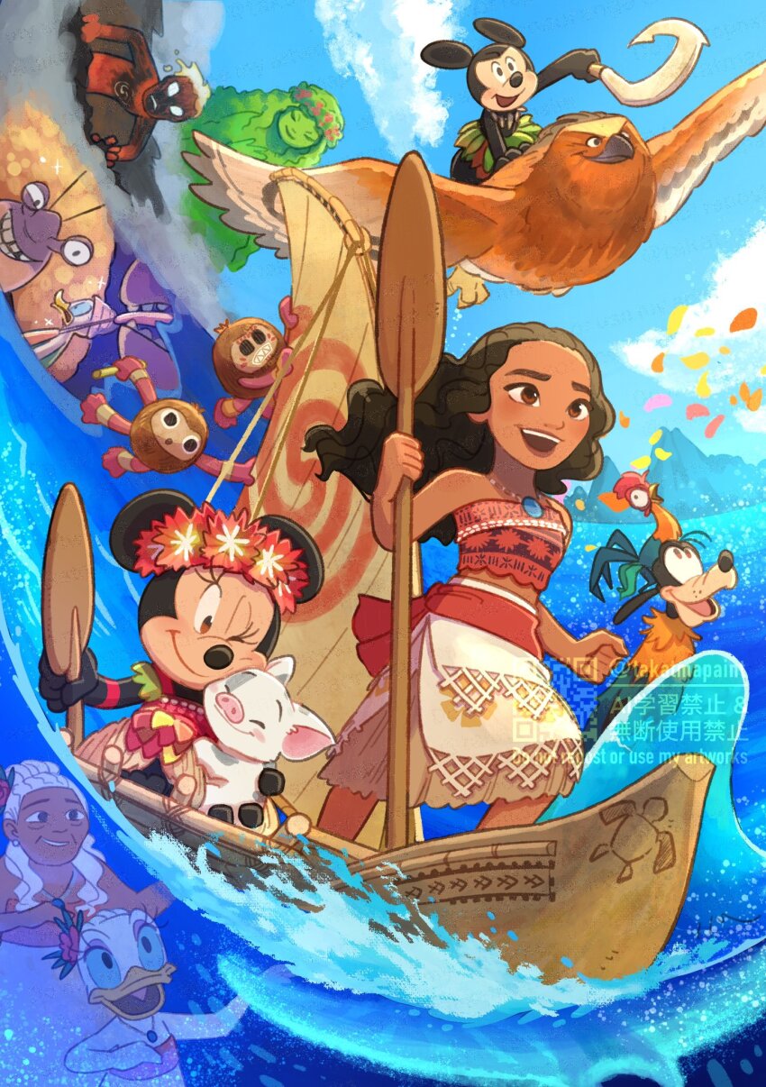 bare_shoulders, bird, black_hair, brown_eyes, brown_hair, character_request, chicken, company_connection, curly_hair, daisy_duck, dark-skinned_female, dark_skin, disney, donald_duck, flower, goofy, hair_flower, hair_ornament, heihei_(moana), highres, jewelry, long_hair, looking_at_viewer, maui_(moana), mickey_mouse, mickey_mouse_&amp;_friends, minnie_mouse, moana_(movie), moana_waialiki, necklace, pig, smile, strapless, takatmaorange, te_fiti, water