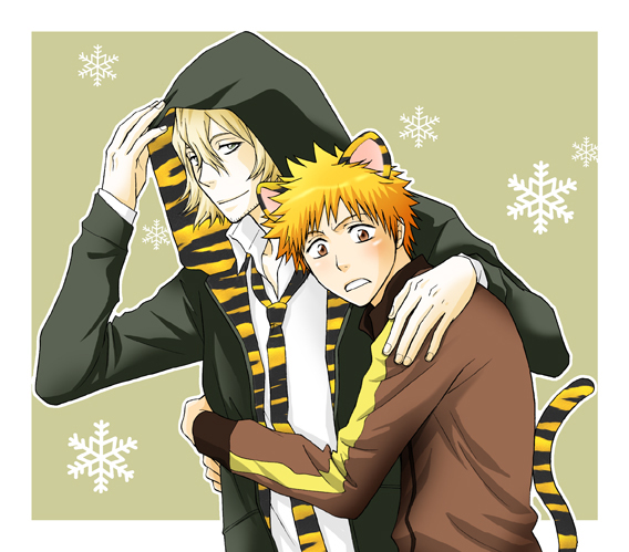 2boys, animal_ears, bleach, brown_eyes, brown_hair, cat, cat_ears, cat_tail, facial_hair, hood, hug, kurosaki_ichigo, multiple_boys, necktie, orange_hair, stubble, tail, tiger_stripes, urahara_kisuke, yukio, yukio_(conywrap)