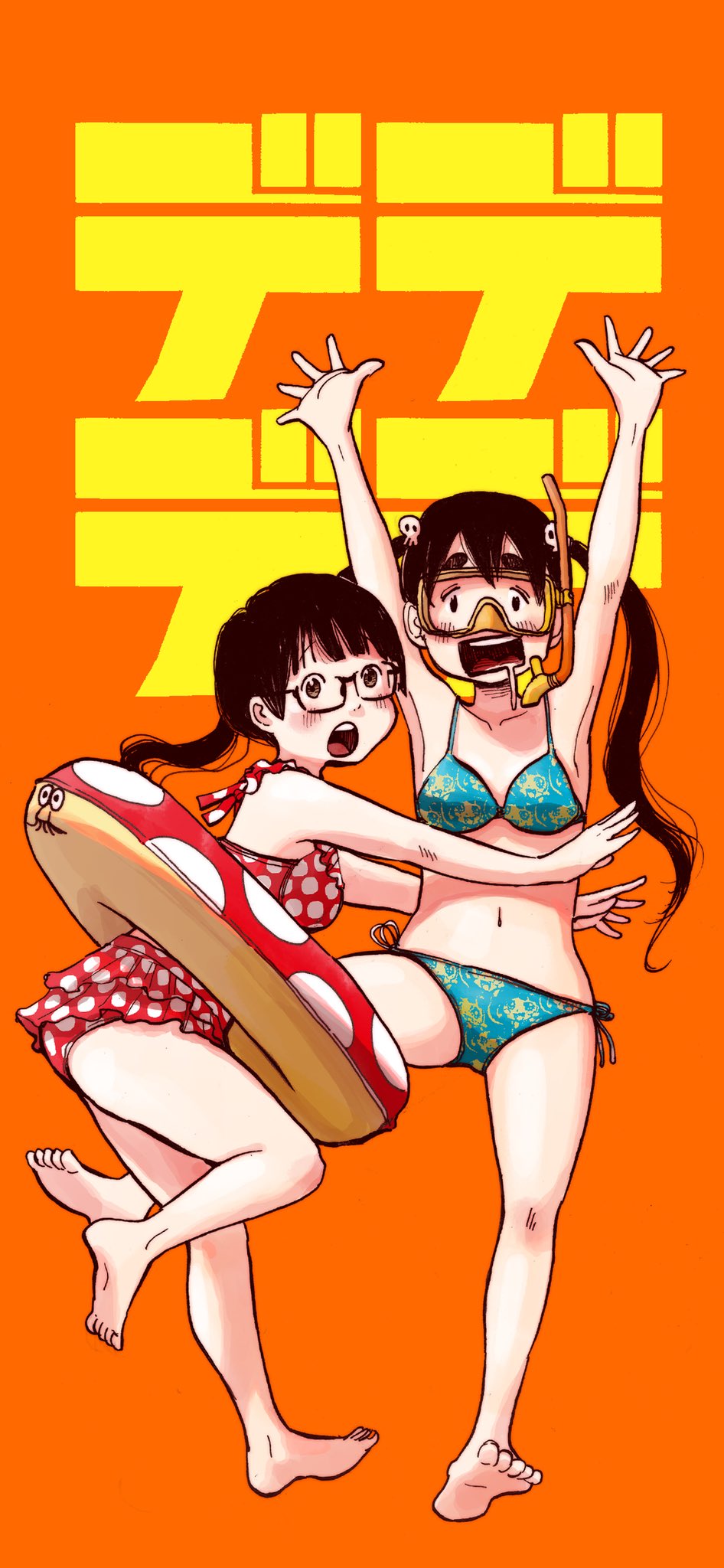 2girls, arms_around_another's_waist, arms_up, asano_inio, barefoot, bikini, black_hair, blue_bikini