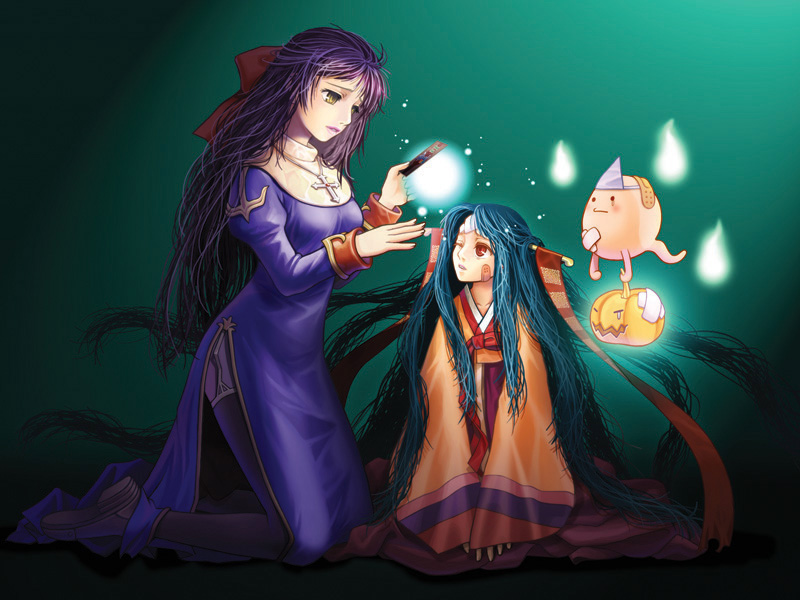 2girls, blue_background, bow, breasts, brown_hanbok, brown_thighhighs, buffering99, commentary